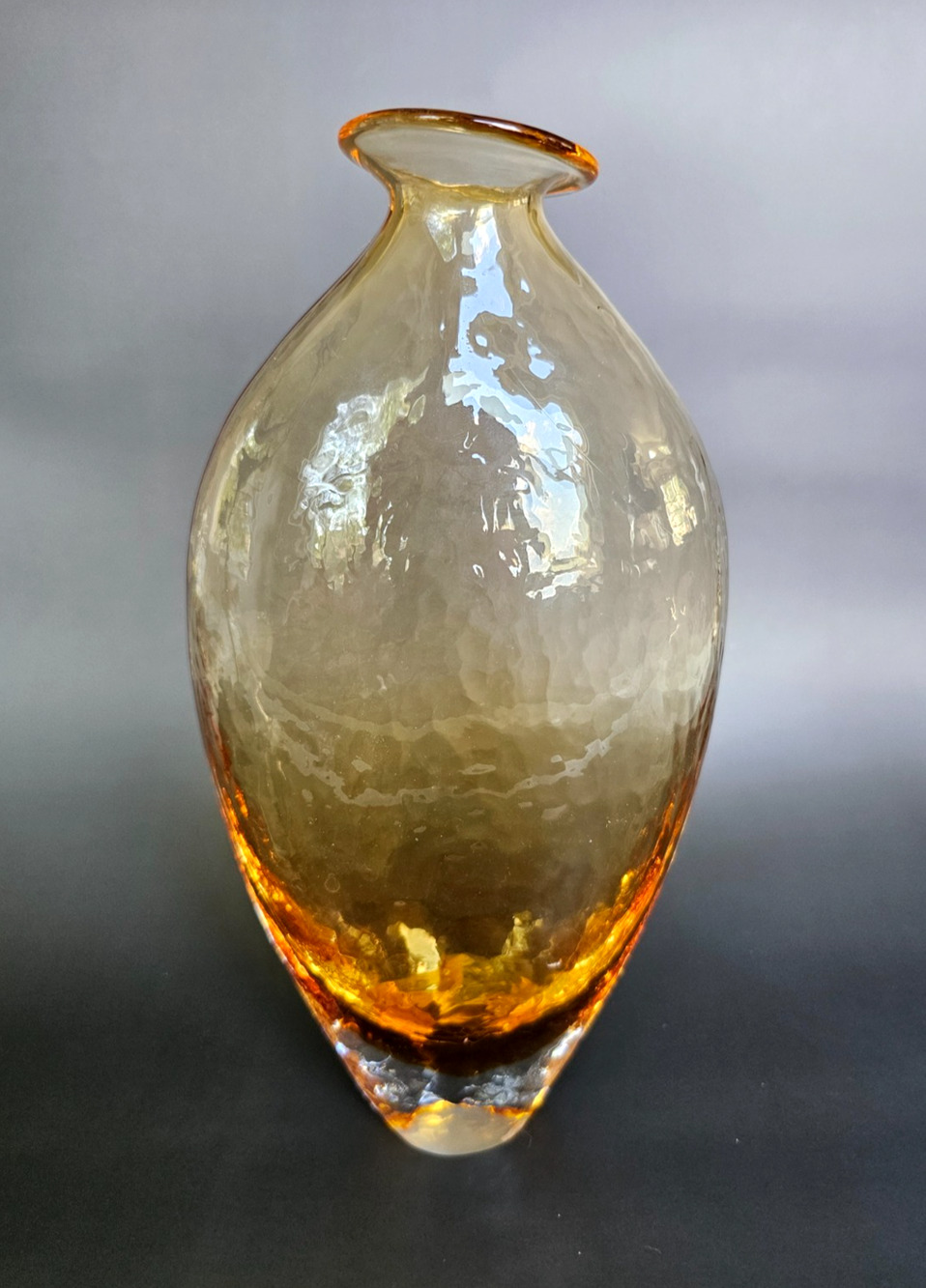 Vintage MCM Amber Hand Blown Art Glass Vase Dimpled Texture 10.25"